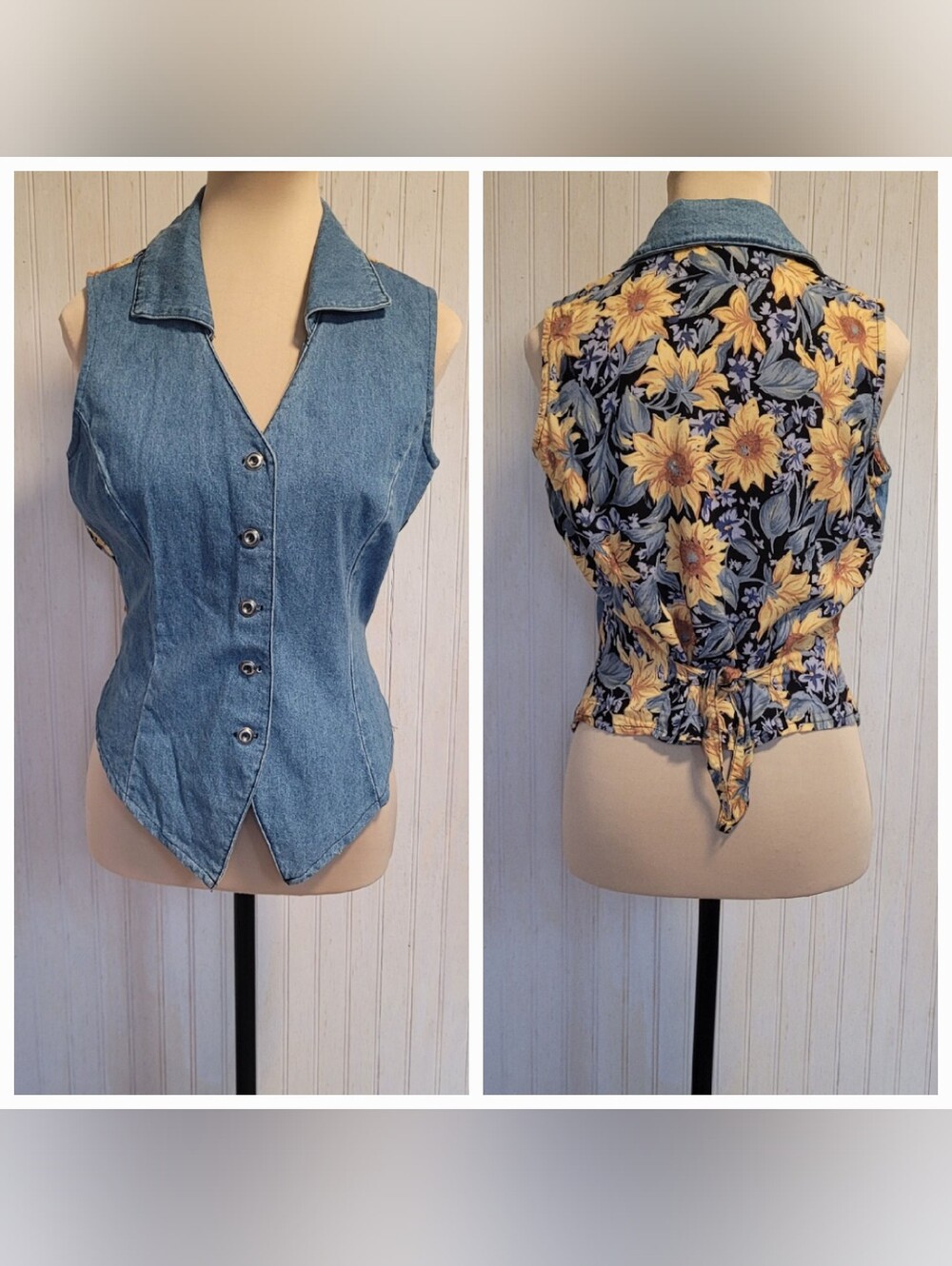 Vintage 90s Granite Denim Sunflower Back Vest Size 7/8